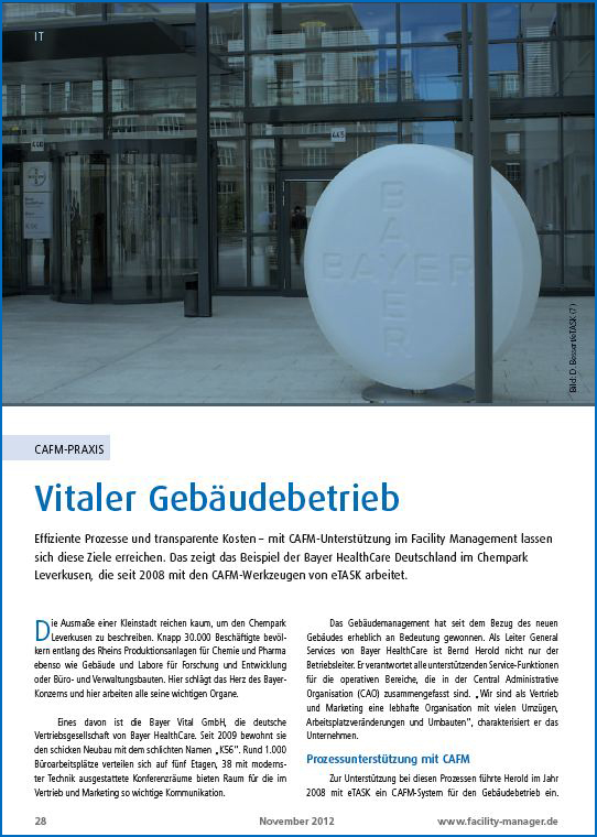 Bayer vitaler Gebäudebetrieb CAFM-Projektbericht eTASK Kunde Bayer Vital GmbH